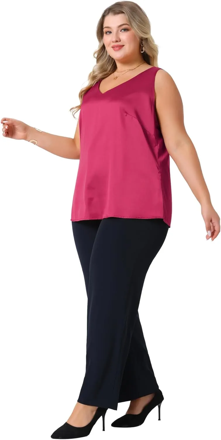 Agnes Orinda Plus Size Silk Satin Tank Tops for Women V Neck Casual Cami Sleeveless Blouses Summer Basic Tank