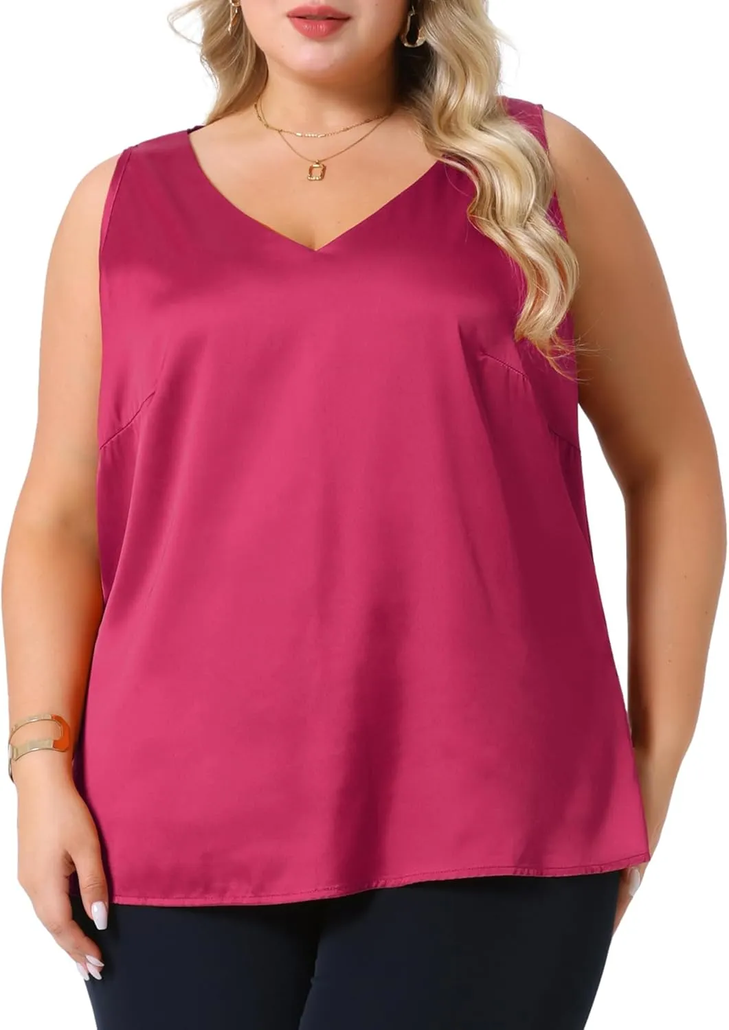 Agnes Orinda Plus Size Silk Satin Tank Tops for Women V Neck Casual Cami Sleeveless Blouses Summer Basic Tank