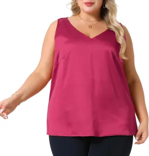 Agnes Orinda Plus Size Silk Satin Tank Tops for Women V Neck Casual Cami Sleeveless Blouses Summer Basic Tank