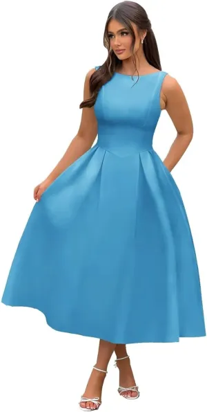Boat Neck Prom Dresses A Line Satin Formal Evening Dress Tea Length Wedding Guest Gowns