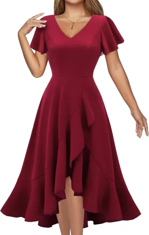 DRESSTELLS Women's Cocktail Dresses 2025, Formal Wedding Guest Ruffle Prom Party Evening Dress V-Neck Vintage Dress