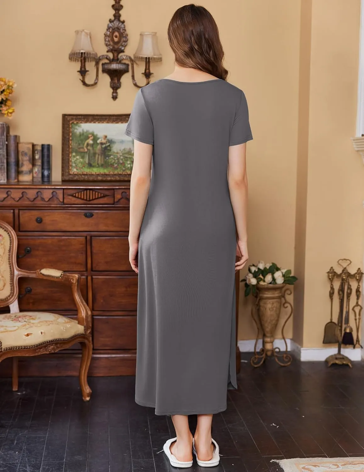 Ekouaer Women's Nursing Dress Summer V Neck Short Sleeve Maternity Split Long Dresses for Breastfeeding with Pockets S-XXL