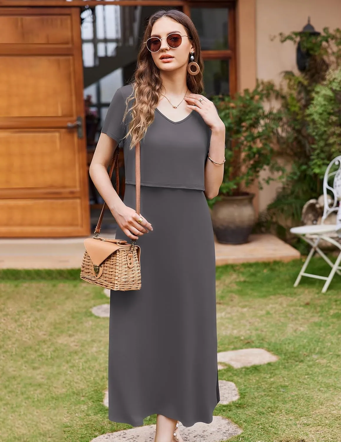 Ekouaer Women's Nursing Dress Summer V Neck Short Sleeve Maternity Split Long Dresses for Breastfeeding with Pockets S-XXL
