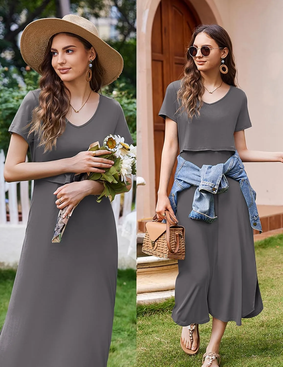 Ekouaer Women's Nursing Dress Summer V Neck Short Sleeve Maternity Split Long Dresses for Breastfeeding with Pockets S-XXL