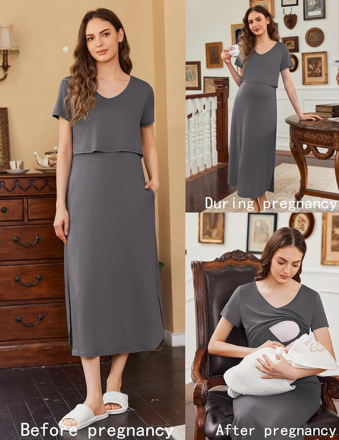Ekouaer Women's Nursing Dress Summer V Neck Short Sleeve Maternity Split Long Dresses for Breastfeeding with Pockets S-XXL