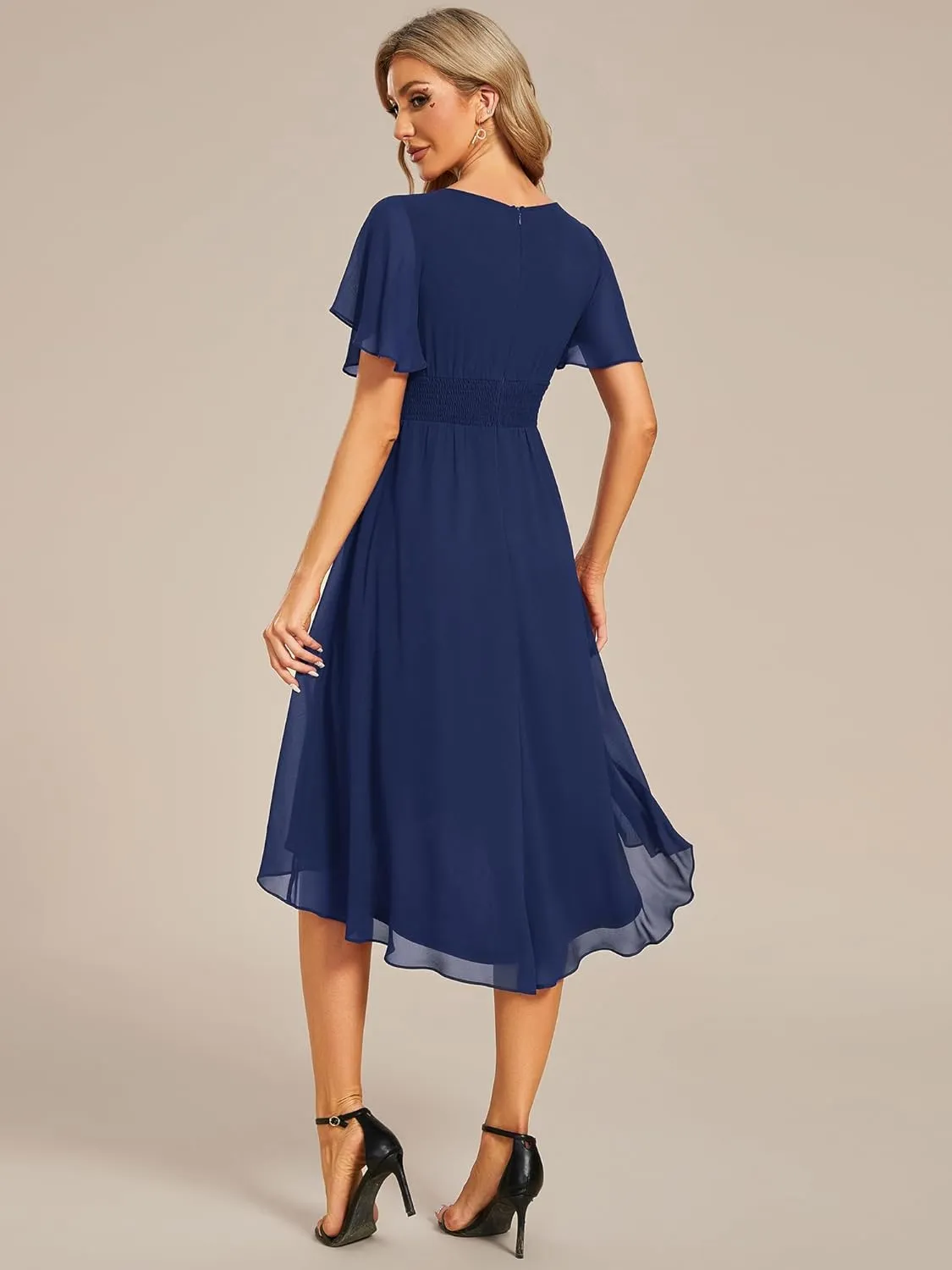 Ever-Pretty Women's Chiffon Crew Neck Pleated Waist Short Sleeve Wedding Guest Dress 02053