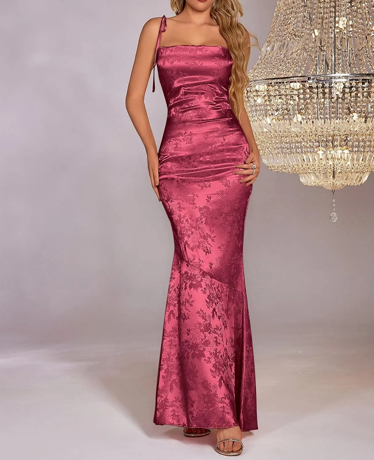 GLNEGE Women's Satin Bodycon Maxi Dress Elegant Formal Spaghetti Strap Cowl Neck Evening Party Dresses