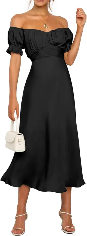 KIRUNDO Women's 2025 Summer Satin Midi Dress Off The Shoulder Wrap Ruched Wedding Guest Party Cocktail Formal Prom Dresses