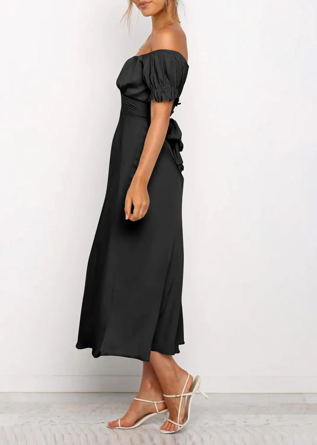 KIRUNDO Women's 2025 Summer Satin Midi Dress Off The Shoulder Wrap Ruched Wedding Guest Party Cocktail Formal Prom Dresses
