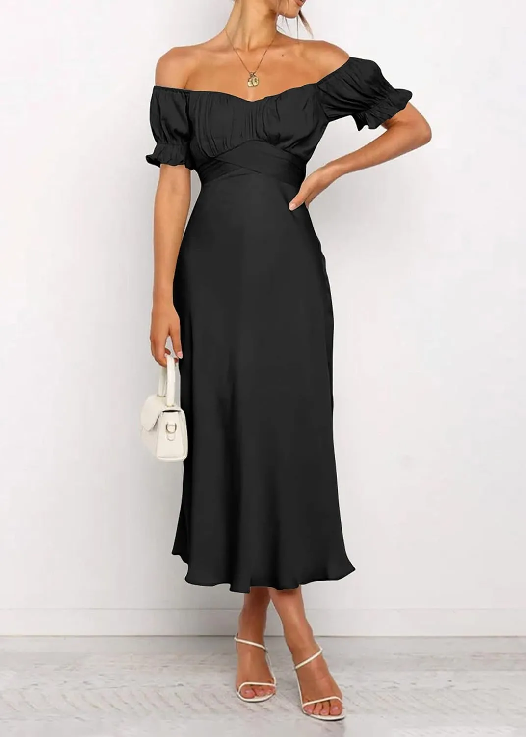 KIRUNDO Women's 2025 Summer Satin Midi Dress Off The Shoulder Wrap Ruched Wedding Guest Party Cocktail Formal Prom Dresses