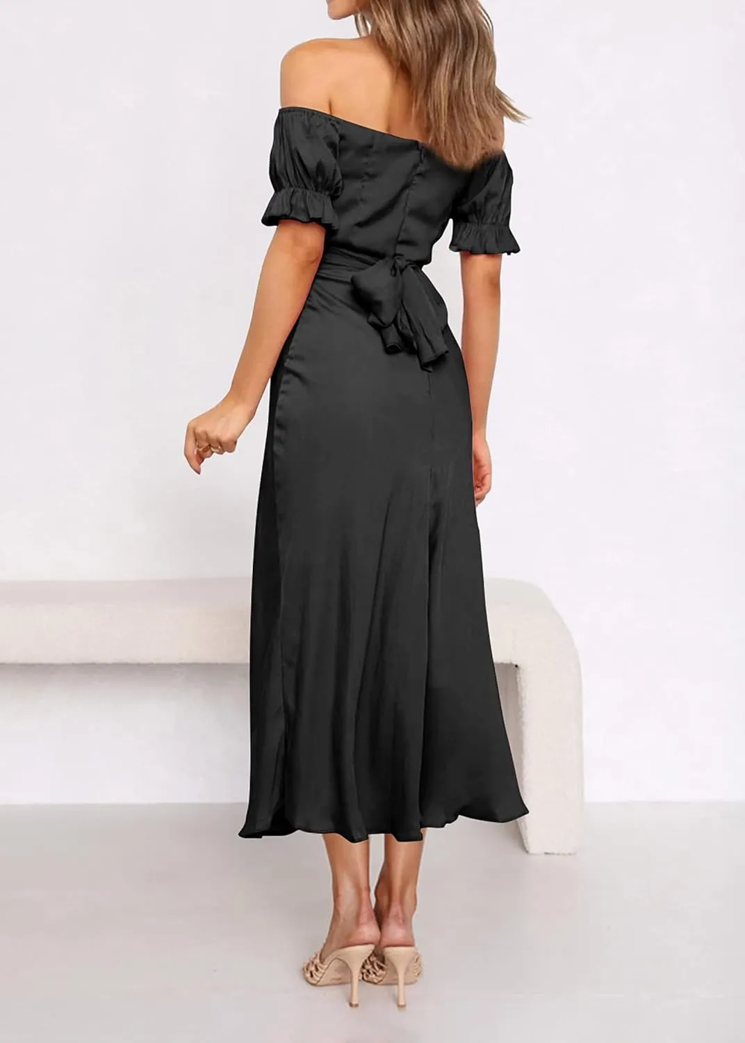 KIRUNDO Women's 2025 Summer Satin Midi Dress Off The Shoulder Wrap Ruched Wedding Guest Party Cocktail Formal Prom Dresses