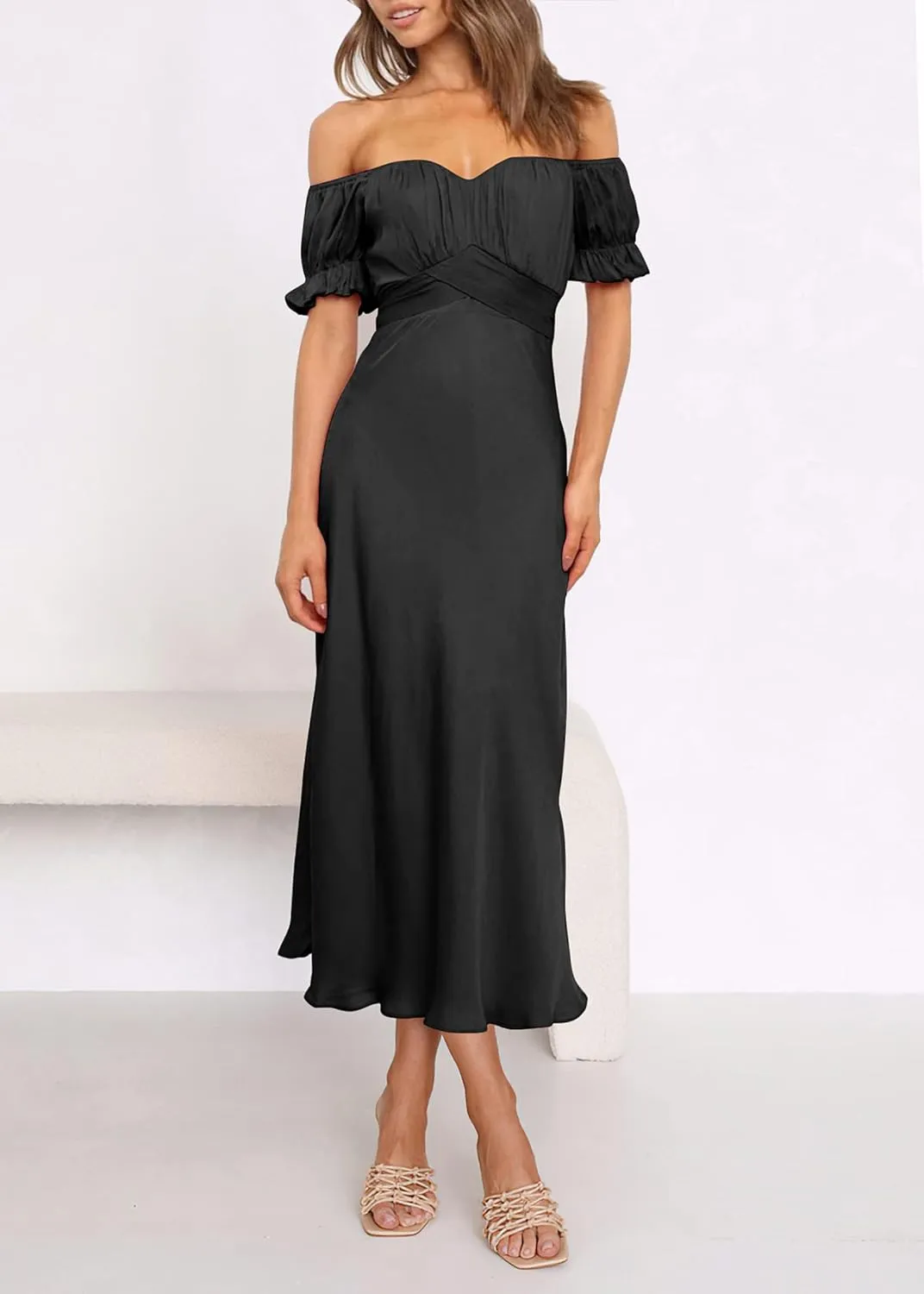 KIRUNDO Women's 2025 Summer Satin Midi Dress Off The Shoulder Wrap Ruched Wedding Guest Party Cocktail Formal Prom Dresses