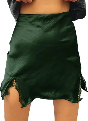 LYANER Women's Satin Silky Lace Trim Split Slit Hem Zipper High Wasit Mini Short Skirt