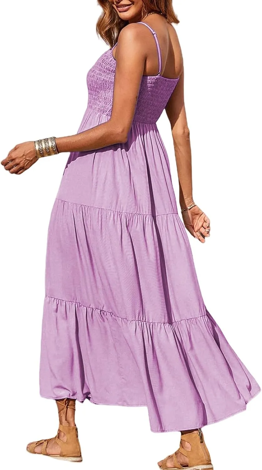 Maxi Dresses for Women Spaghetti Strap Sleeveless Smocked Flowy A-Line Dresses High Waist Tiered Long Beach Sundresses