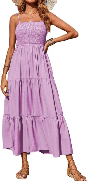 Maxi Dresses for Women Spaghetti Strap Sleeveless Smocked Flowy A-Line Dresses High Waist Tiered Long Beach Sundresses