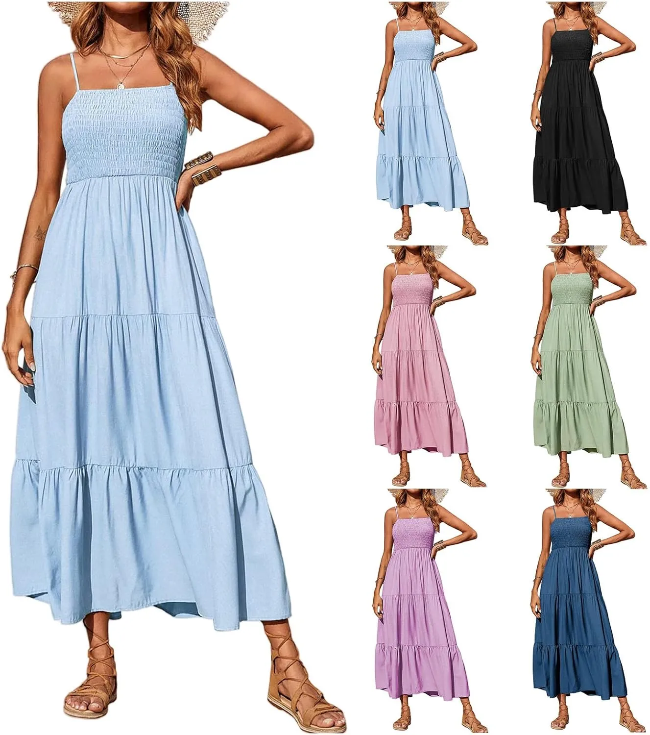 Maxi Dresses for Women Spaghetti Strap Sleeveless Smocked Flowy A-Line Dresses High Waist Tiered Long Beach Sundresses