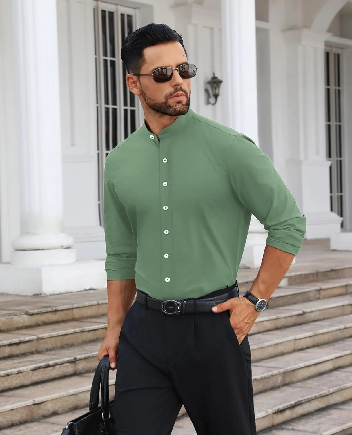 Mens Dress Shirts Wrinkle Free Dress Shirts for Men Long Sleeve Button Down Shirts Banded Collar Shirts