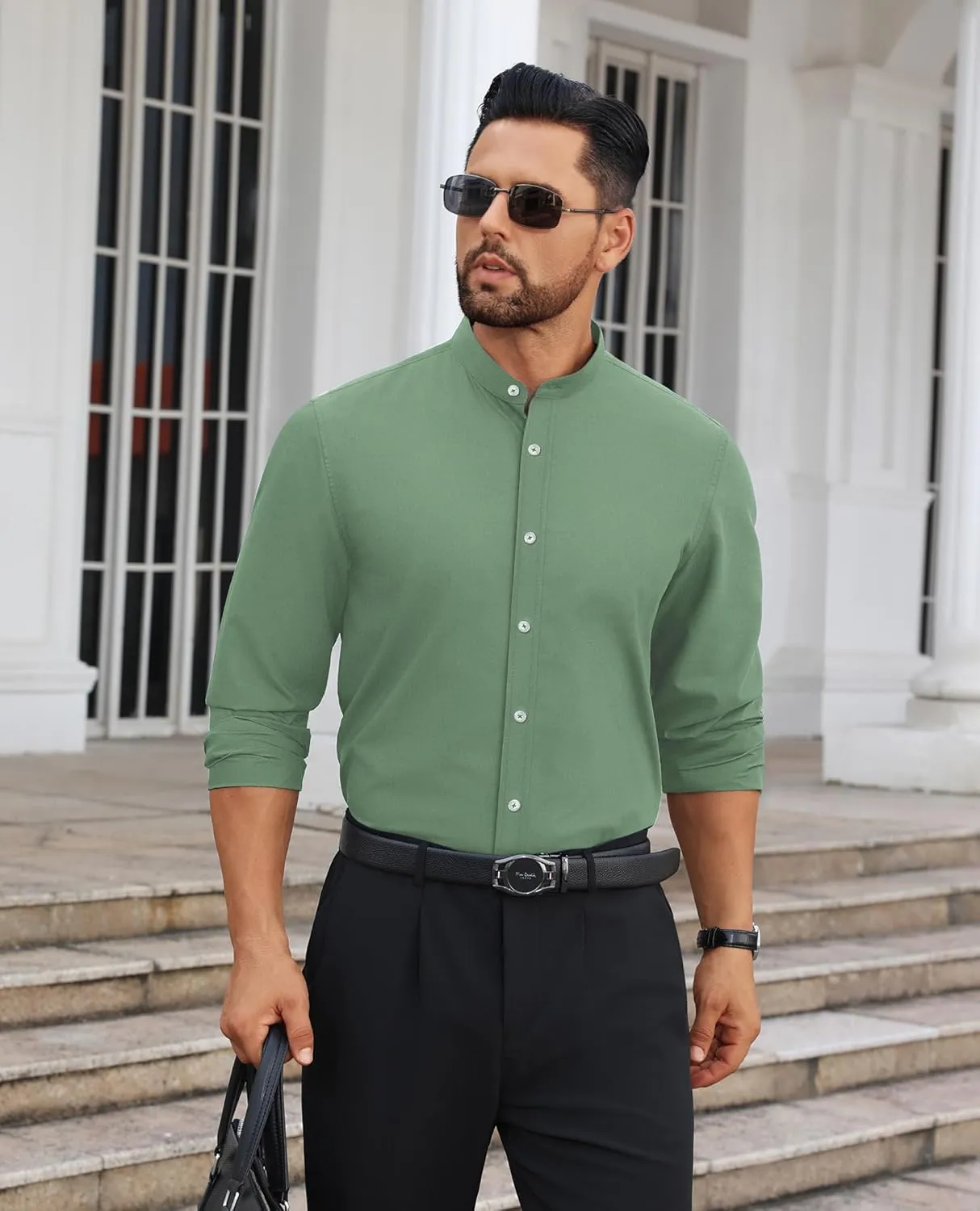 Mens Dress Shirts Wrinkle Free Dress Shirts for Men Long Sleeve Button Down Shirts Banded Collar Shirts
