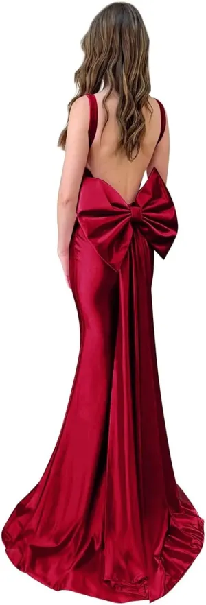 OFEYCHUN Mermaid Prom Dresses 2025 Satin Backless Evening Gown Cowl Neck Straps Formal Dress with Bow
