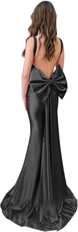 OFEYCHUN Mermaid Prom Dresses 2025 Satin Backless Evening Gown Cowl Neck Straps Formal Dress with Bow