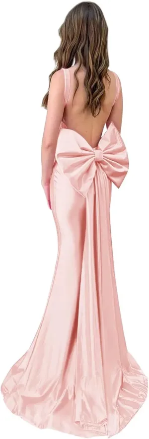 OFEYCHUN Mermaid Prom Dresses 2025 Satin Backless Evening Gown Cowl Neck Straps Formal Dress with Bow