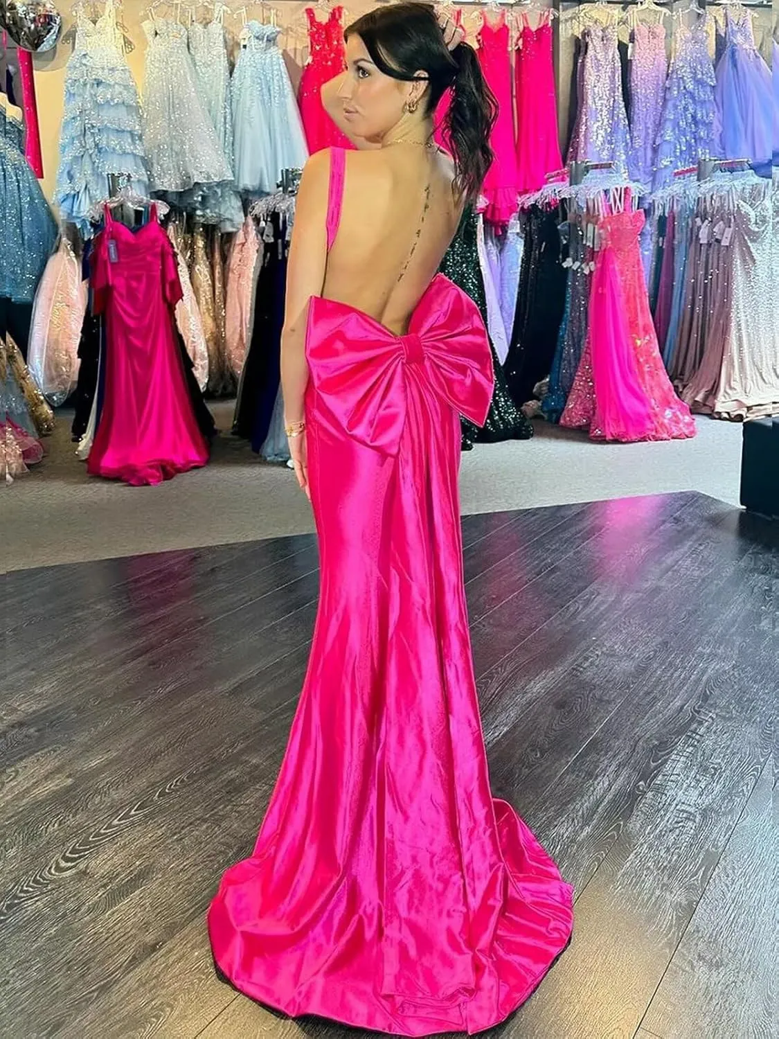 OFEYCHUN Mermaid Prom Dresses 2025 Satin Backless Evening Gown Cowl Neck Straps Formal Dress with Bow