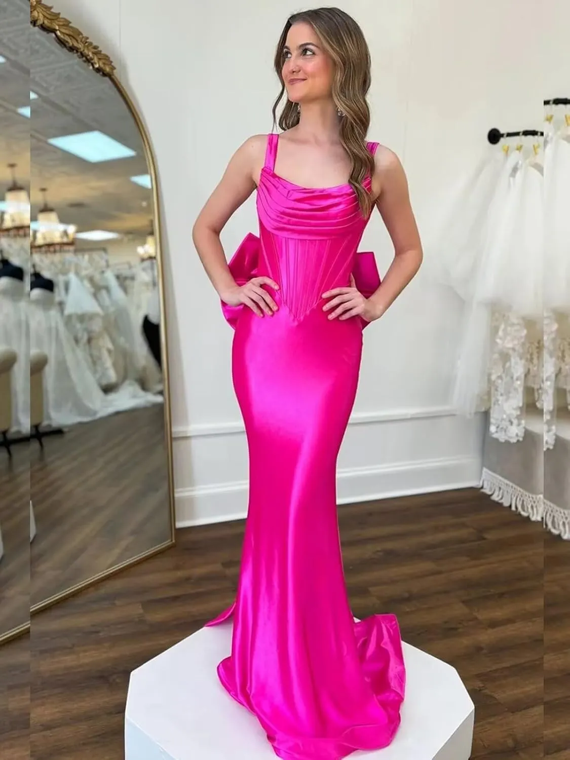 OFEYCHUN Mermaid Prom Dresses 2025 Satin Backless Evening Gown Cowl Neck Straps Formal Dress with Bow