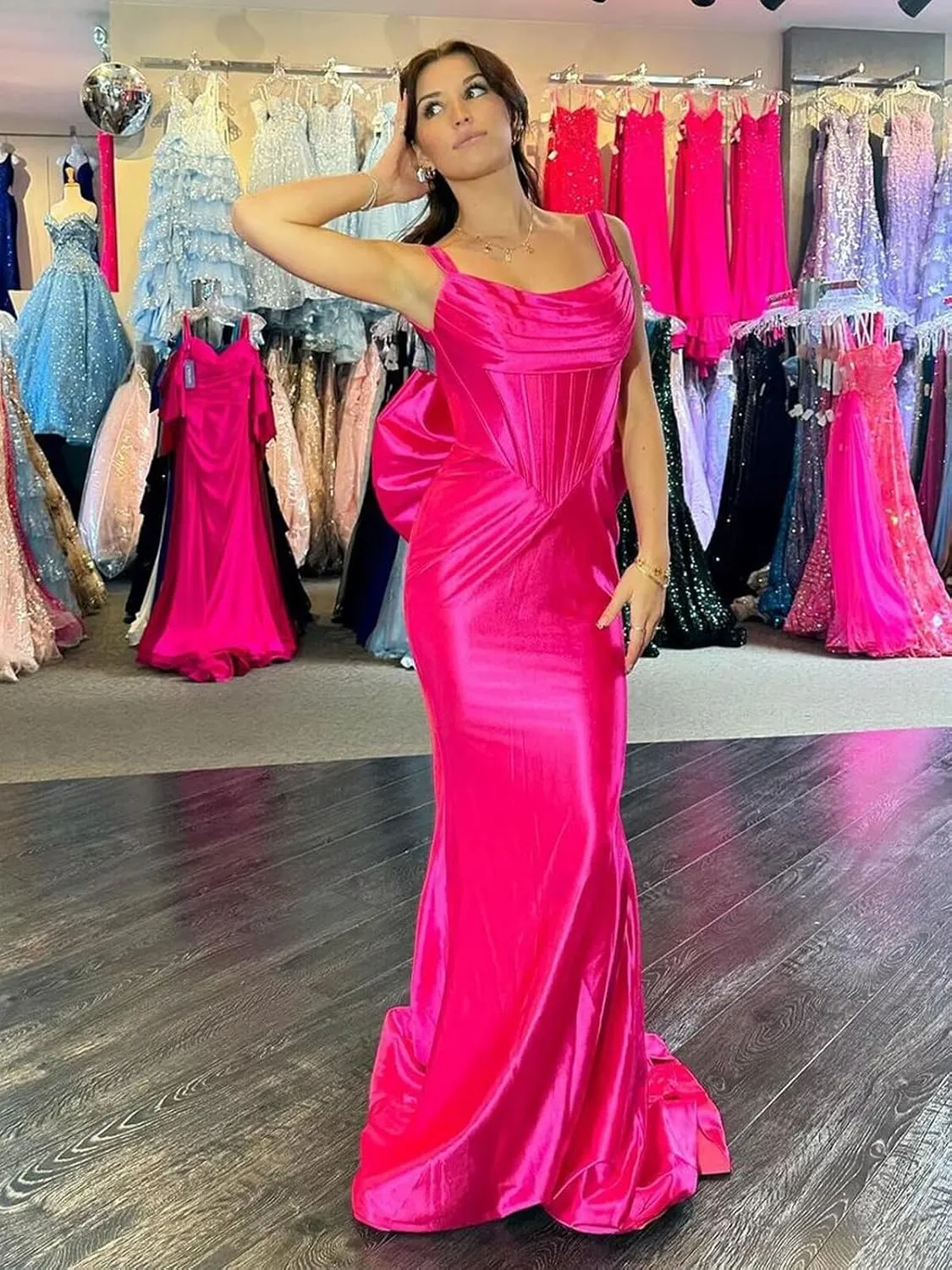 OFEYCHUN Mermaid Prom Dresses 2025 Satin Backless Evening Gown Cowl Neck Straps Formal Dress with Bow