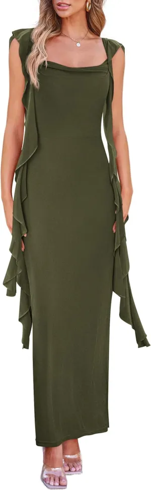 PRETTYGARDEN Women's 2025 Summer Wedding Guest Dress Sleeveless Ruffle Formal Cocktail Party Maxi Bodycon Dresses