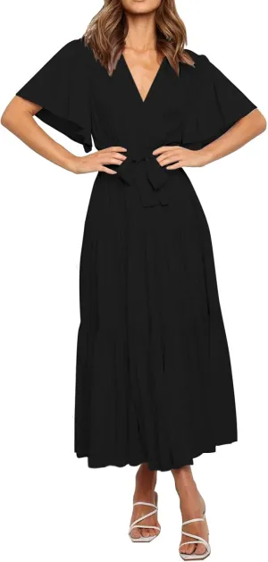 Summer Dress for Women - Ruffle Short Sleeves V Neck Casual Flowy Midi Tiered Dress with Belt for Weeding/Cocktail