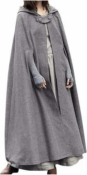tuduoms Women's Winter Hooded Cape Trench Coat Wool Blend Long Cape Poncho Renaissance Witch Cosplay Cape Halloween Costumes