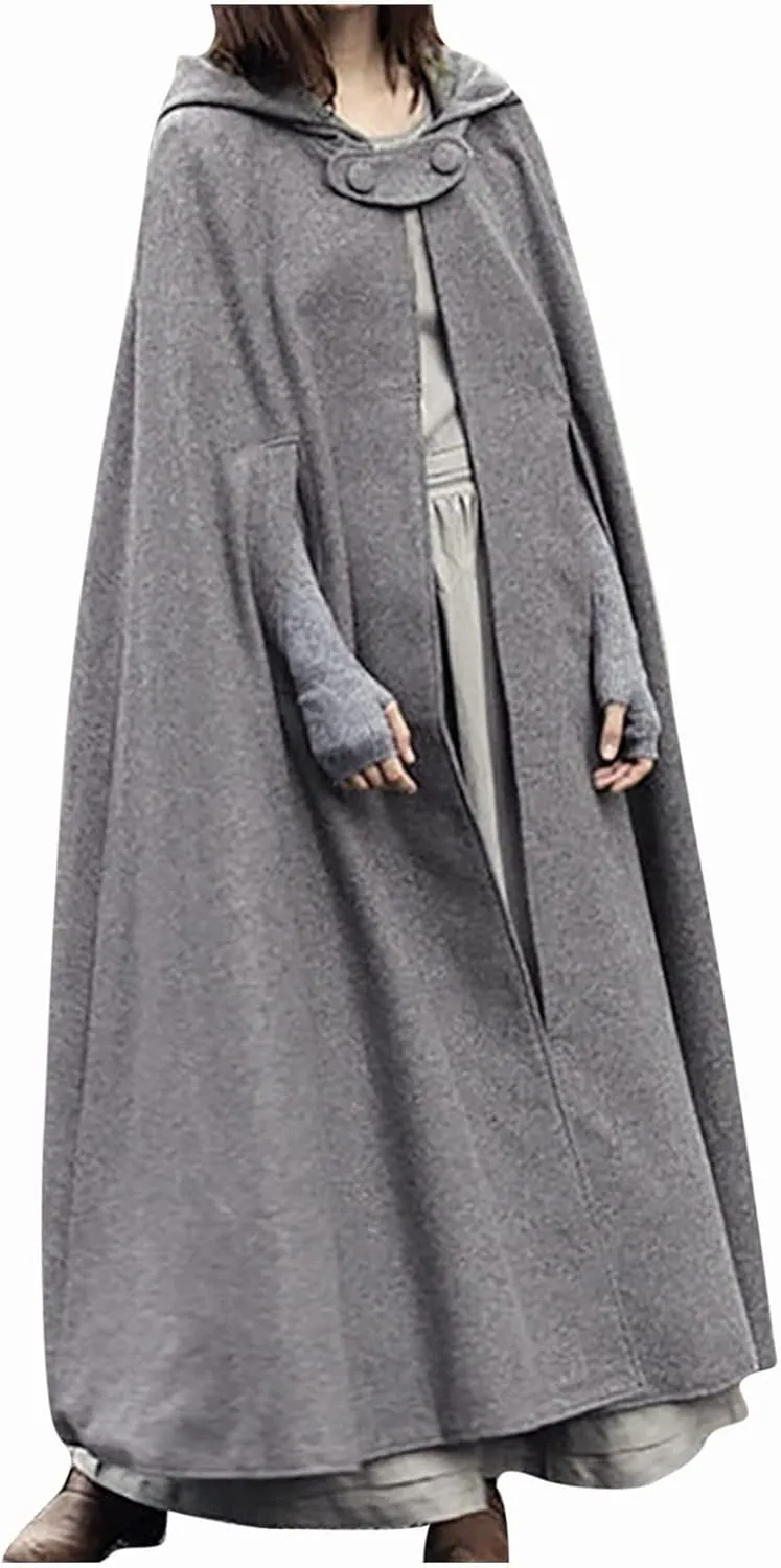 tuduoms Women's Winter Hooded Cape Trench Coat Wool Blend Long Cape Poncho Renaissance Witch Cosplay Cape Halloween Costumes