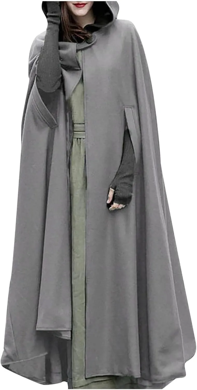tuduoms Women's Winter Hooded Cape Trench Coat Wool Blend Long Cape Poncho Renaissance Witch Cosplay Cape Halloween Costumes