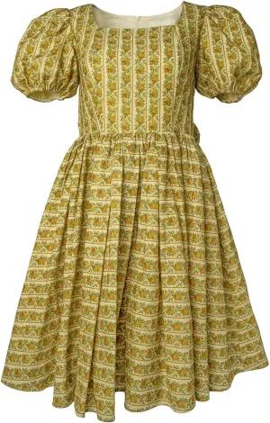 Vintage Style Floral Print Dress, Puff Sleeve, Square Neck, Full Skirt, Yellow and Green Pattern