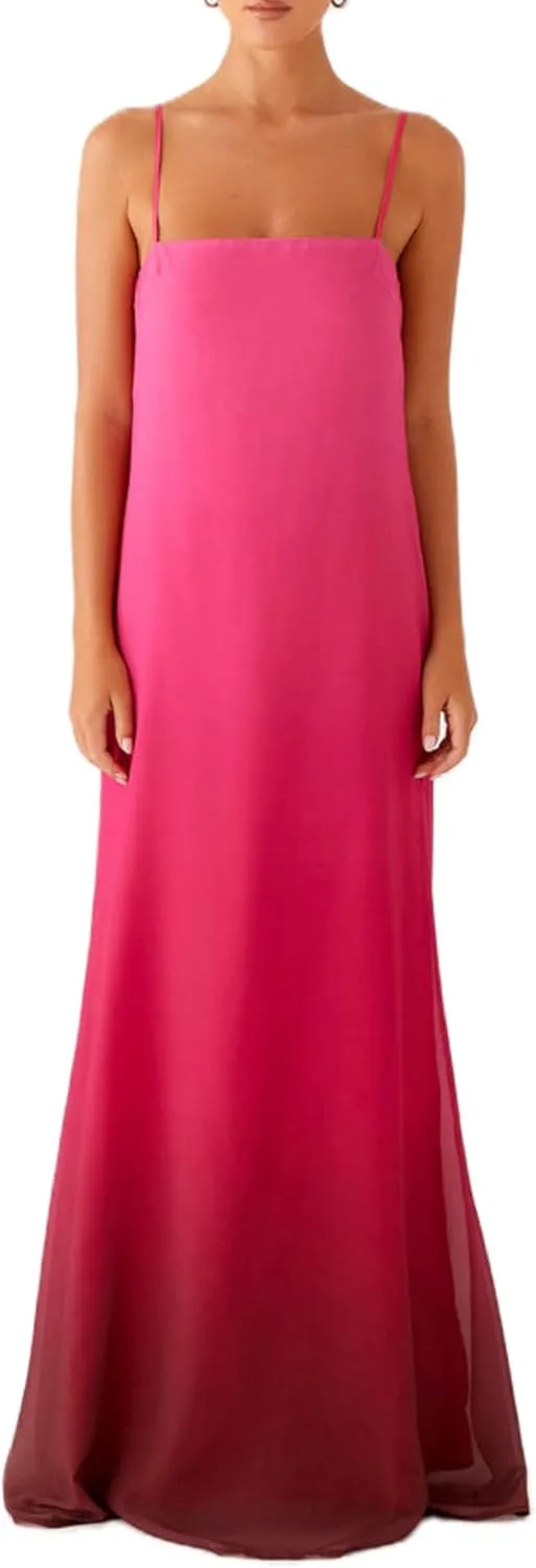 Women Ombre Satin Maxi Dress Tie Dye Sunset Dress Spaghetti Strap V Neck Backless Vacation Party Slip Dresses