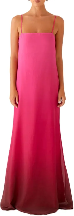 Women Ombre Satin Maxi Dress Tie Dye Sunset Dress Spaghetti Strap V Neck Backless Vacation Party Slip Dresses