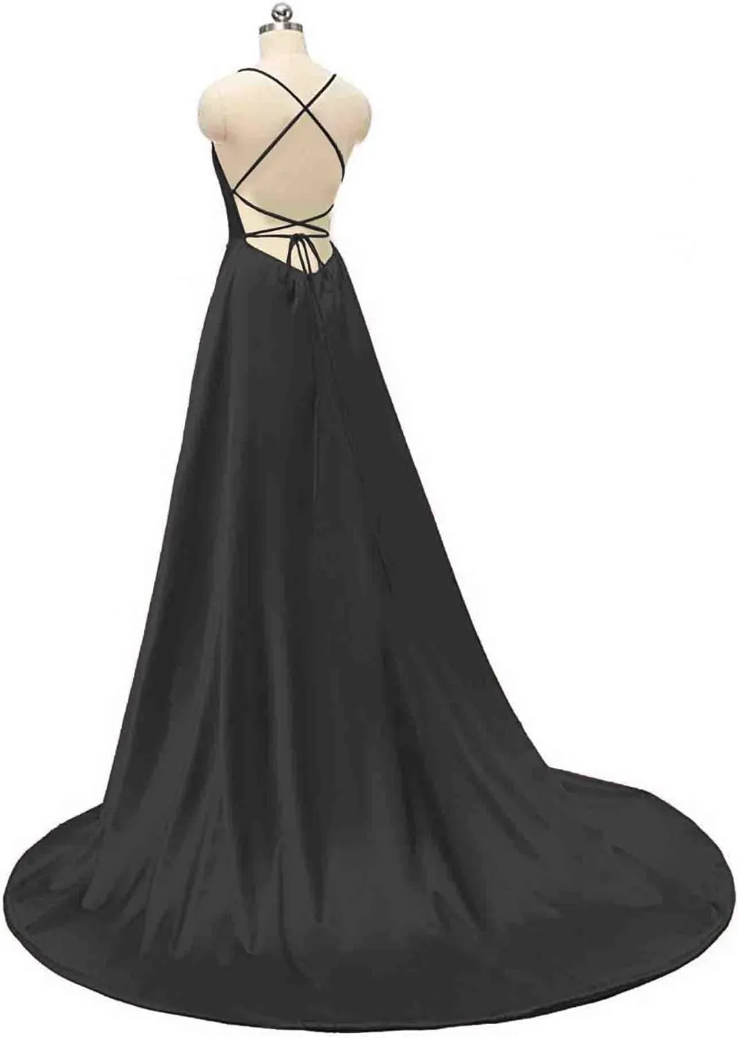 Women's Elegant Long Prom Dresses with Pockets Satin Halter Spaghetti Strap Wedding Dress Gowns