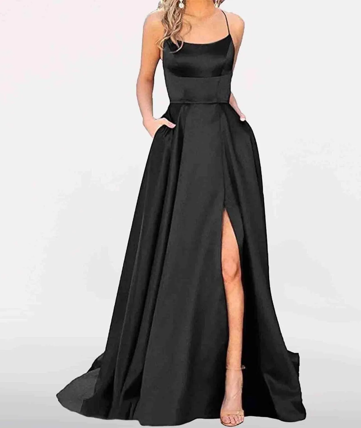 Women's Elegant Long Prom Dresses with Pockets Satin Halter Spaghetti Strap Wedding Dress Gowns