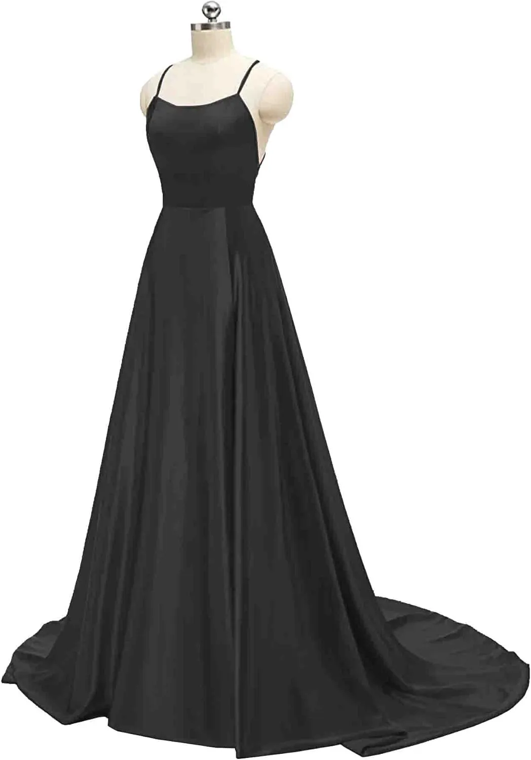 Women's Elegant Long Prom Dresses with Pockets Satin Halter Spaghetti Strap Wedding Dress Gowns