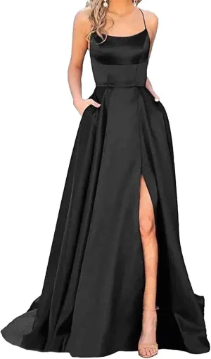 Women's Elegant Long Prom Dresses with Pockets Satin Halter Spaghetti Strap Wedding Dress Gowns