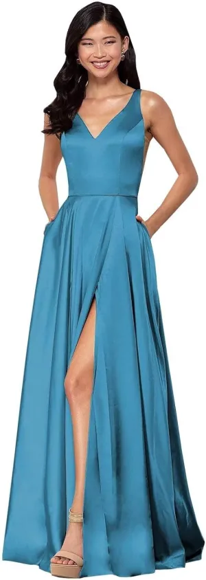Women's Long A-Line Satin Prom Dresses High Slit V-Neck Backless Formal Party Evening Ball Gowns with Pockets