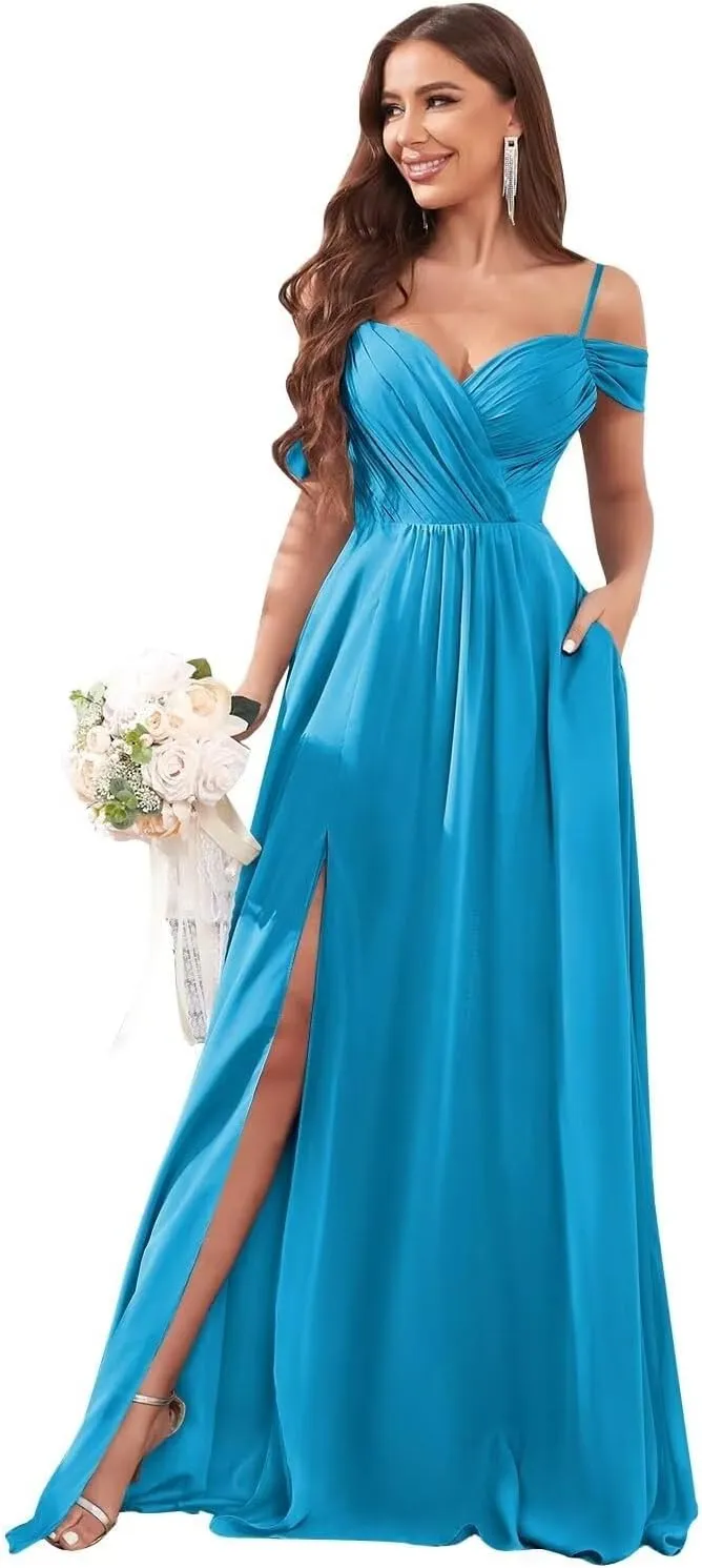 Women's Off The Shoulder Bridesmaid Dresses with Pockets Long Chiffon Wedding Guest Dress with Slit