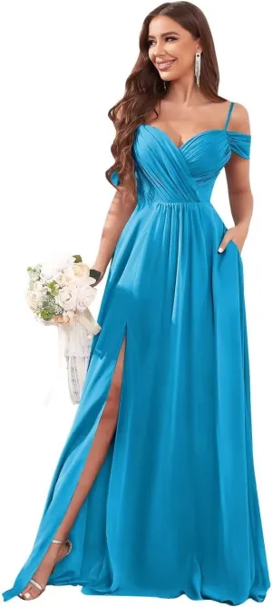 Women's Off The Shoulder Bridesmaid Dresses with Pockets Long Chiffon Wedding Guest Dress with Slit