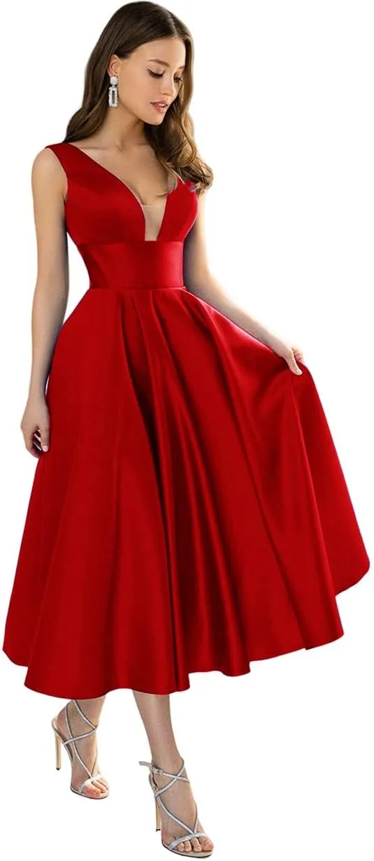 Women's Satin Bridesmaid Dresses Short Tea Length Formal Gowns V-Neck A-line Evening Dress with Pockets