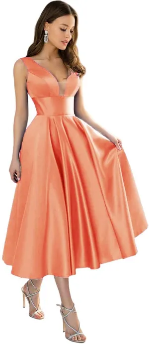 Women's Satin Bridesmaid Dresses Short Tea Length Formal Gowns V-Neck A-line Evening Dress with Pockets