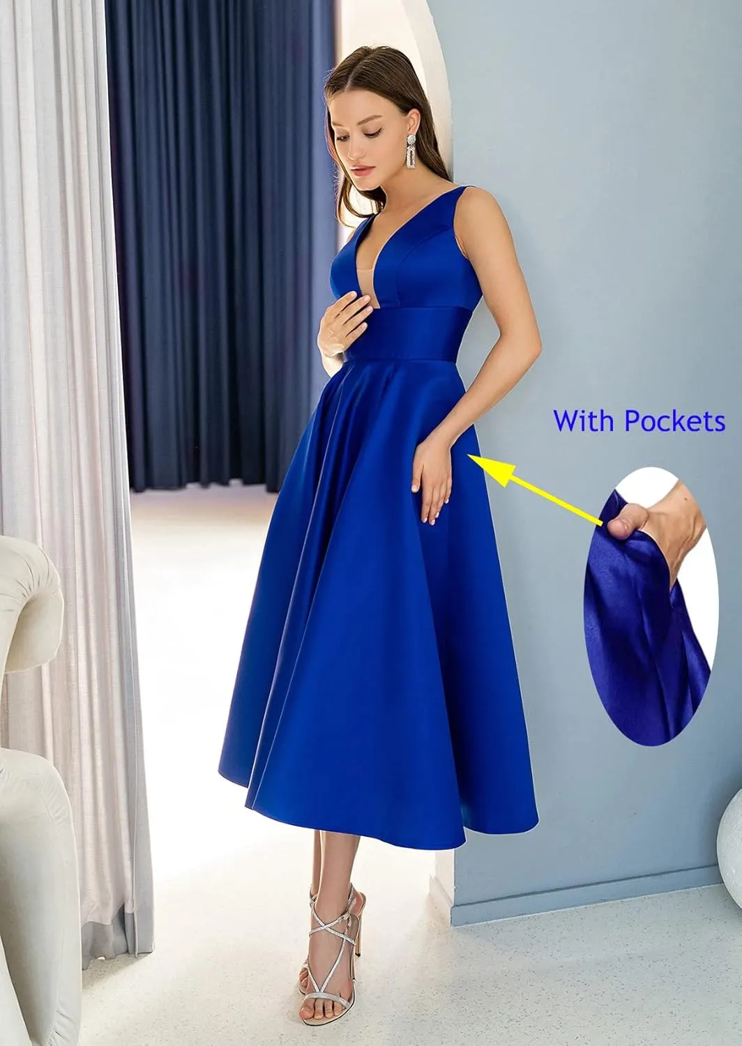 Women's Satin Bridesmaid Dresses Short Tea Length Formal Gowns V-Neck A-line Evening Dress with Pockets