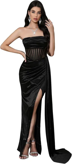 Women's Strapless Sleeveless Satin Prom Dresses Formal Dresses Waist Side Fluttering High Split Formal Evening Gowns